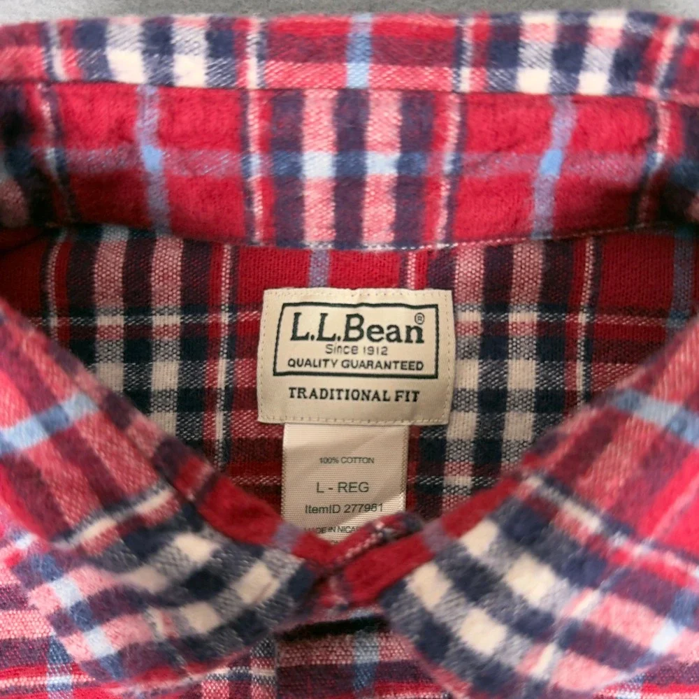 LL Bean Mens Large Red Plaid Flannel Shirt Traditional Fit Cotton Button Down